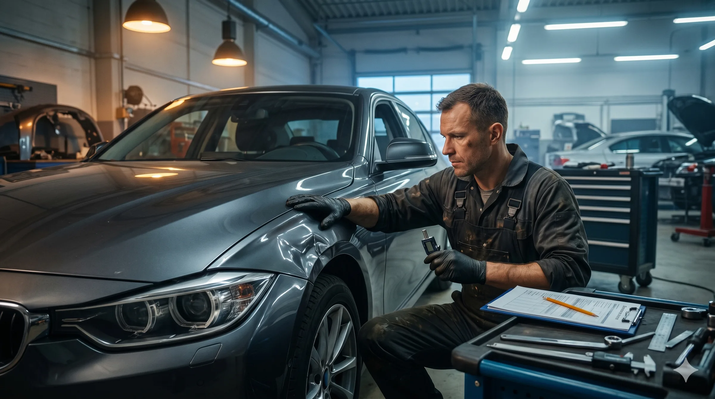 Mechaniker prüft die Karosserie eines Fahrzeugs – Cataldo Augsburg
